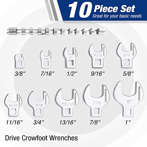 WORKPRO 3/8" Drive Crowfoot Wrench Set, 10-Piece SAE Open-End Wrenches with Clip-on Organizer, 3/8"-1", Great for Automotive Repair Work Hard-To-Reach Areas - size: Crowfoot SAE