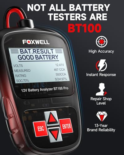 FOXWELL BT100 PRO Car Battery Tester, 12V, 100-1100 CCA Load Tester | Battery Health Tester, Save Last Test, 99.6% Accuracy, SOH/SOC/CCA, AGM/EFB/GEL/Flooded