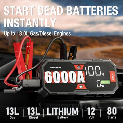 JFEGWO 6000A Jump Starter, 12V Car Battery Jumper Starter Portable with 65W Quick Charger, for 13L Gas 13L Diesel Car Battery, 24000mAh Battery Jumper Starter, 48-Months Stand-by Booster Jump Box Pack