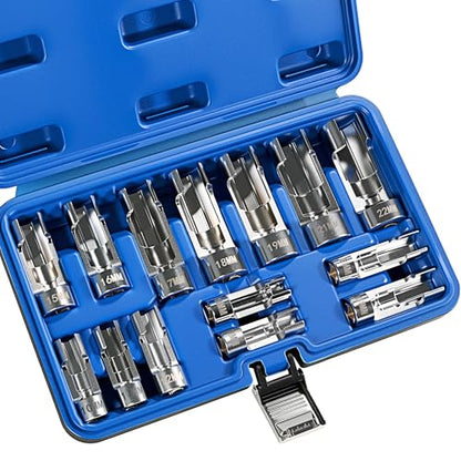 14PCS Diesel Injector Fuel Line Socket Wrench Set, 3/8" & 1/2" Drive, Metric 8-22mm Flare Nut Sockets, 5-Point Anti-Slip Design for Wired Temperature Sensors, Thermo Switches, ABS Tube, etc