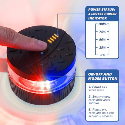Battery Operated Red/Blue Beacon Strobe Light w/Magnetic Base, Portable USB-C Rechargeable Mini Roof Top LED Warning Emergency Flashing Lights for Trucks, Vehicles, Car 1-Pcs - color: Red/Blue