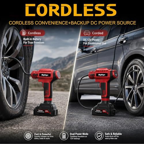 Power Cordless Tire Inflator 20V Mini Air Compressor DC 12V Portable Handheld Car Drill Air Pump 150PSI with Rechargeable Battery, Auto Shut Off, LED, Digital Pressure Gauge - size: 2000mAh*5