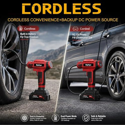 Power Cordless Tire Inflator 20V Mini Air Compressor DC 12V Portable Handheld Car Drill Air Pump 150PSI with Rechargeable Battery, Auto Shut Off, LED, Digital Pressure Gauge - size: 2000mAh*5