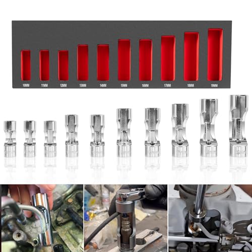 12030 Flare Nut Socket Set, 3/8" Square Drive Diesel Injector Fuel Line Socket Wrench Set, 10mm-19mm (10PCS)