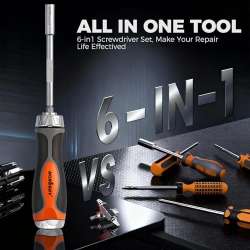 HORUSDY 6-in-1 Ratcheting Screwdriver Set, Magnetic Multi-Bit Screwdriver with Built-in Premium S2 Bits & 126mm Extension Bar, Dad Mens Gifts for Christmas, All-in-One Tool for Home Repair, DIY - style: High-Quality Screwdriver
