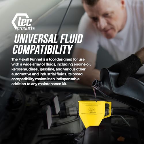 TEC Products FlexAll Long Flexible Funnels - Automotive Oil Funnel with Hose, Durable Nitrile Rubber for Oil Change, Transmission Funnel Fluid, Diesel, Fuel, Gas - Made in USA - Yellow (16 x 5 Inches) - color: Yellow, size: Large