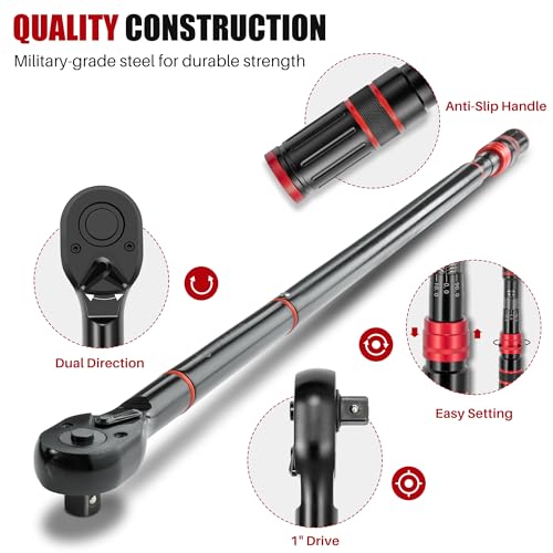 1 Inch Drive Click Torque Wrench-200-1300 Ft-Lb for Truck, Tractor | Dual-Direction Adjustable 24 Tooth Torque Wrench(271-1762.5N.m), 3% Accuracy for HD Vehicles Wind Turbine Maint.Heavy Equip. - style: 1"DR. 200~1300 FT-LB
