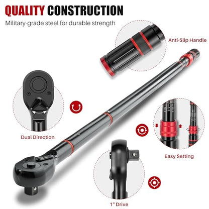 1 Inch Drive Click Torque Wrench-200-1300 Ft-Lb for Truck, Tractor | Dual-Direction Adjustable 24 Tooth Torque Wrench(271-1762.5N.m), 3% Accuracy for HD Vehicles Wind Turbine Maint.Heavy Equip. - style: 1"DR. 200~1300 FT-LB