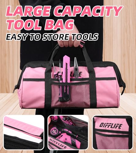 Pink Tool Set for Women, 126-Piece Lady's Power Screwdriver Cordless Rechargeable Set Home Repairing Tool Set with 13-Inch Wide Mouth Open Storage 126PCS 3.6V Electric Screwdriver Tool Bag - style: 126 Piece Pink