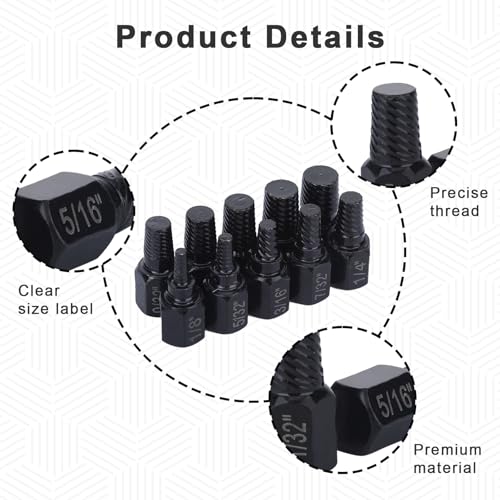 10 Pcs Hex Broken Bolt Extractor Kit Easy Out Stripped Screw Extractor | Damaged Screw Removal Tool Stud Extractor Screw Remover and Extractor for Removing Screw With Stripped Head