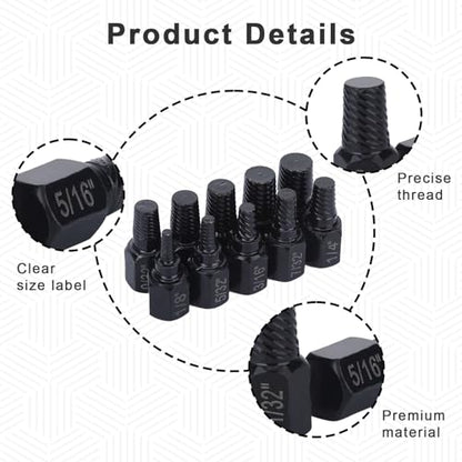 10 Pcs Hex Broken Bolt Extractor Kit Easy Out Stripped Screw Extractor | Damaged Screw Removal Tool Stud Extractor Screw Remover and Extractor for Removing Screw With Stripped Head