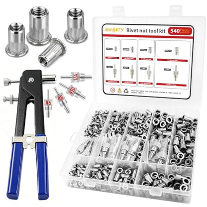 Rivet Nut Tool Kit,540PCS SAE Stainless Steel Nutsert Assortment with Hand Rivet Nut Setter,#6-32, #8-32, #10-24, 1/4-20 Threaded Inserts, Portable Case for Automotive, Furniture & DIY Repairs - size: SAE 540PCS Stainless Steel Rivet Nut Tool Kit
