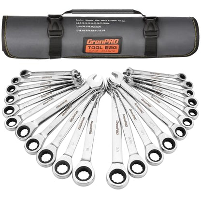 GRENPRO Ratcheting Wrench Set, Combination Wrench Set, 22-Piece SAE & Metric and Standard, 72Th Long Open End, 1/4" to 3/4" & 6-18mm, Organizer With Roll Up Pouch, CR-V Socket Mechanic Hand Tools Sets - style: 22PCS Ratcheting Wrench Set Metric&SAE