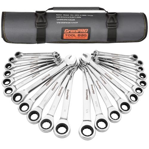 GRENPRO Ratcheting Wrench Set, Combination Wrench Set, 22-Piece SAE & Metric and Standard, 72Th Long Open End, 1/4" to 3/4" & 6-18mm, Organizer With Roll Up Pouch, CR-V Socket Mechanic Hand Tools Sets - style: 22PCS Ratcheting Wrench Set Metric&SAE