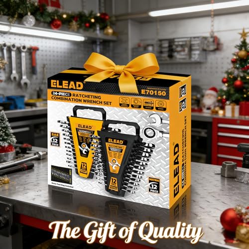ELEAD 24-Piece Ratcheting Wrench Set, Metric 6-18mm & SAE 1/4"-3/4", 12-Point 72-Tooth CR-V Steel Combination Wrenches with Tool Roll Bag and Magnetic Wrench Organizer for Automotive Repair - color: 24-piece Ratchet Yellow&black