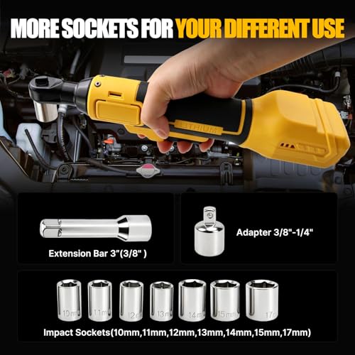 3/8" Cordless Ratchet Wrench,Compatible with DEWALT 20V MAX Battery,73.6 Ft-Lbs (100N.m) Brushless Electric Wrench Ratchet with Variable Speed Trigger,7 Sockets,1/4" Adaptor,3" Extension Bar