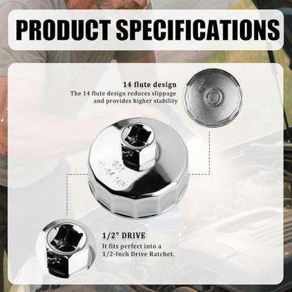 65-64mm Oil Filter Wrench,14 Flute Car Oil Filter Removal Tool Driven by 1/2" Tool,Non-slip Car Oils Filters Tools Automotive Tools Compatible with Honda Nissan Acura