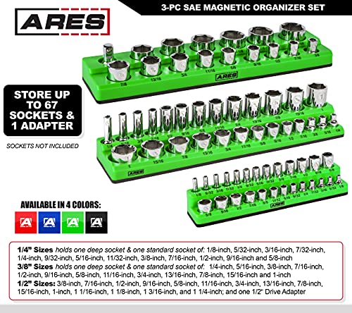 ARES 60037-3-Piece SAE Magnetic Socket Organizers Set - GREEN - Includes 1/4 in, 3/8 in, 1/2 in Socket Holders - Holds 68 Standard (Shallow) and Deep Sockets - Also Available in RED - color: Green (Sae), size: 1/4, 3/8, 1/2-Inch Drive - 3-Piece Set