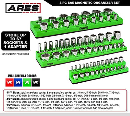 ARES 60037-3-Piece SAE Magnetic Socket Organizers Set - GREEN - Includes 1/4 in, 3/8 in, 1/2 in Socket Holders - Holds 68 Standard (Shallow) and Deep Sockets - Also Available in RED - color: Green (Sae), size: 1/4, 3/8, 1/2-Inch Drive - 3-Piece Set
