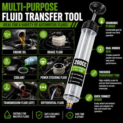 200CC Fluid Extractor Pump, Oil Extractor Pump with 2 Flexible Hoses, Manual Fluid Transfer Pump for Transmission Fluid, Brake Fluid, Coolant, Differential, Gear Oil, Automotive Fluid Extractor