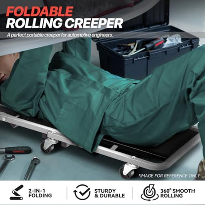 Foldable Rolling 2-in-1 Z Creeper & Seat, 36" Low-Profile Roller Mechanics Under Car Chair 330 LBS Weight Capacity Garage Roller Creeper with 6 Swivel Casters - color: Silver/Black, size: 35.2"L x 16.33"W x 3.54"H