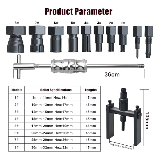 LainKeen 12pcs Motorcycle Blind Hole Bearing Puller Set 8-32MM | Internal Bearing Extractor, Slide Hammer, Two-Jawed Puller, Expandable Collets, Pilot Inner Bearing Removal Tool - size: 12PC (8-32mm)