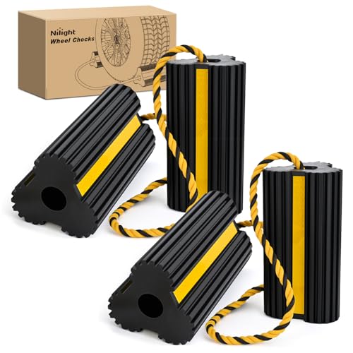 Nilight Wheel Chocks Rubber Yellow Reflective Strips 4 Pack with Rope | Heavy Duty Tire Chock Blocks Stopper Stabilizer for RV Car Travel Trailer Camper Truck Motorcycle Accessories Parki - size: 4 Pack Wheel Chocks