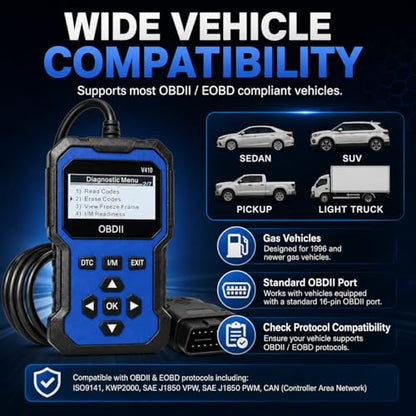V410 OBD2 Scanner Diagnostic Tool, Check Engine Code Reader for OBDII Cars Since 1996, Live Data, I/M Readiness, Battery Voltage Test, Vehicle Info for Cars & Trucks, Blue