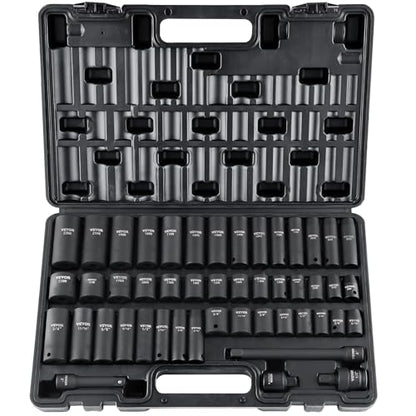VEVOR Impact Socket Set 3/8" Drive, 48-Piece Standard SAE (5/16 to 3/4 inch) & Metric (8 to 22 mm) Size, Deep & Shallow, 6 Point, CR-V, Extension Bar, Universal Joint, 1/2" F to 3/8" M Reducer - style: 3/8" 48PCS