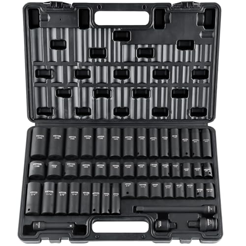 VEVOR Impact Socket Set 3/8" Drive, 48-Piece Standard SAE (5/16 to 3/4 inch) & Metric (8 to 22 mm) Size, Deep & Shallow, 6 Point, CR-V, Extension Bar, Universal Joint, 1/2" F to 3/8" M Reducer - style: 3/8" 48PCS