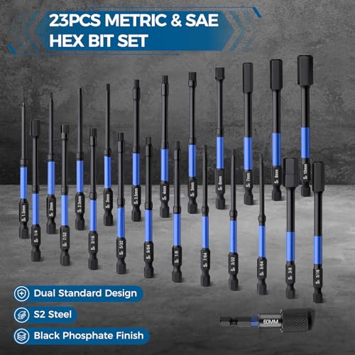 VESTTIO 23PCS 4 inch Hex Bit Set, Metric & SAE Allen Wrench Drill Bit Set, 1/4" Hex Shank S2 Steel Magnetic Allen Key Bits for Power Drill Screwdriver Impact Driver