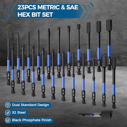 VESTTIO 23PCS 4 inch Hex Bit Set, Metric & SAE Allen Wrench Drill Bit Set, 1/4" Hex Shank S2 Steel Magnetic Allen Key Bits for Power Drill Screwdriver Impact Driver