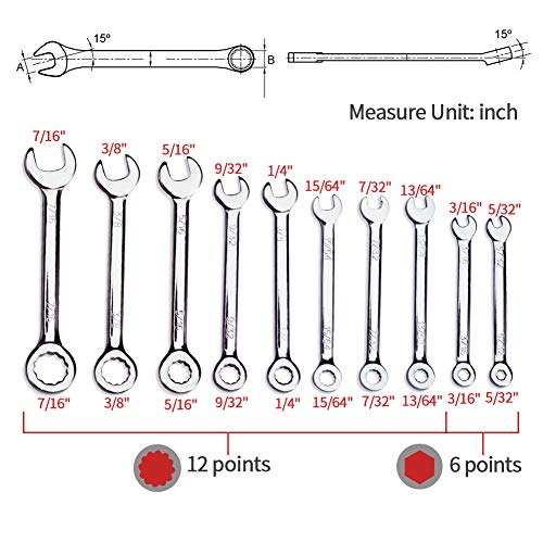 SPEEDWOX Mini SAE Wrench Set, 10-Piece, Open/Box End, Made of High Carbon Steel, Heat Treated for Strength and Durability | Open End and Box End Combination Spanner, Storage Pouches and Key Chains for Assembling Furniture Small Equipment - size: Combinati