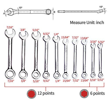 SPEEDWOX Mini SAE Wrench Set, 10-Piece, Open/Box End, Made of High Carbon Steel, Heat Treated for Strength and Durability | Open End and Box End Combination Spanner, Storage Pouches and Key Chains for Assembling Furniture Small Equipment - size: Combinati