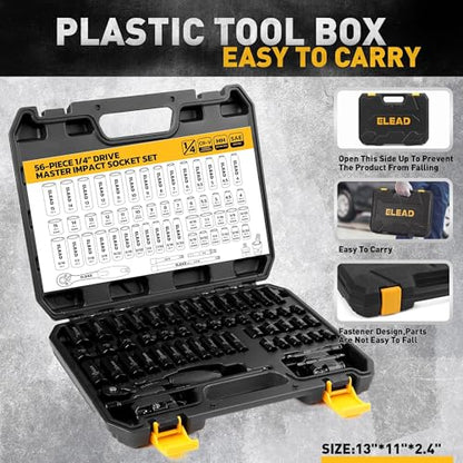 ELEAD 1/4" Drive Impact Socket Set, 56-Piece Standard SAE (5/32 to 9/16 inch) and Metric (4-15mm) Size, Deep & Shallow, 6 Point, Cr-V, 72-Tooth Ratchet Handle, Extension Bar, Universal Joint - style: 1/4'' Drive Impact Socket Set