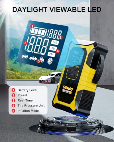 GOOLOO A3 12V 3000A Portable Jump Starter with Air Compressor | 7-in-1: 3000A Lithium Jumper Box - 150 PSI Tire Inflator - USB-A Output - LED Flashlight - Ball / Bike Pump - Pressure Gauge - color: Yellow