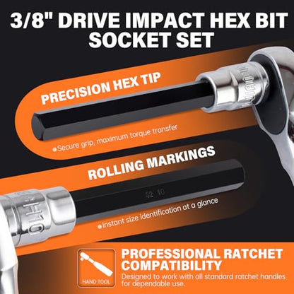 19-Piece 3/8" Drive Impact Hex Bit Socket Set - size: 19 pieces 3/8" Long