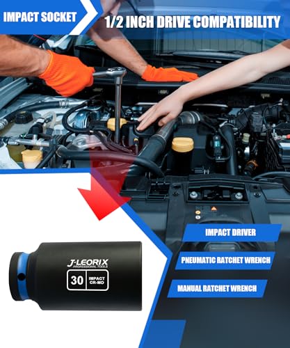 30mm Deep Impact Socket 1/2" Drive CR-MO Steel 6-Point | CR-MO steel impact socket set. 1/2" drive, 6-point design. Deep reach for lug nuts & axle nuts. - size: 30mm