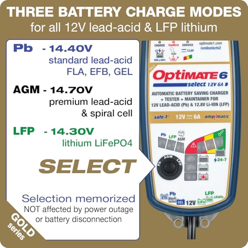 OptiMate6 Select v2 Gold Series: 6A 12V Automatic Battery Saving Charger, Tester & 24-7 Maintainer with Ampmatic & Temp Regulated smart Control & Lead-Acid, AGM & Lithium Battery Modes & Service Mode