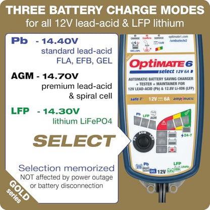 OptiMate6 Select v2 Gold Series: 6A 12V Automatic Battery Saving Charger, Tester & 24-7 Maintainer with Ampmatic & Temp Regulated smart Control & Lead-Acid, AGM & Lithium Battery Modes & Service Mode