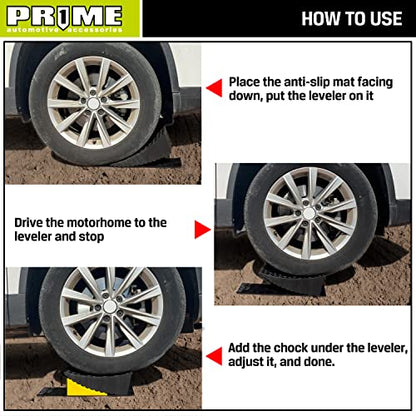 PR1ME RV Leveling Blocks, Heavy Duty Camper Leveler Kit, 2 Pack Curved RV Levelers with Anti-Slip Mats & Wheel Chocks, Faster Leveling System for Travel Trailer, Motorhome & Dual Axles - size: Height to 4 inch