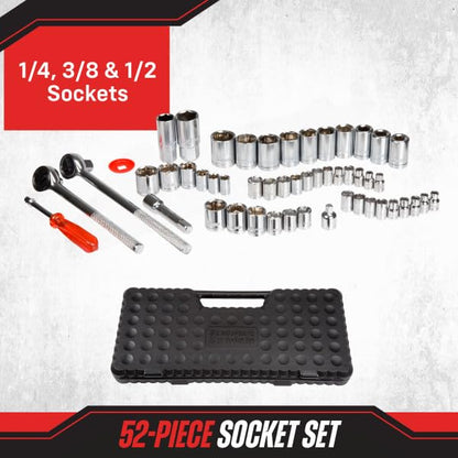 52-Piece Drive Socket Set - 1/4, 3/8 and 1/2 Sockets - SAE and Metric Tools for Mechanics, Craftsmen, and Homeowners - Tool Kit by Stalwart