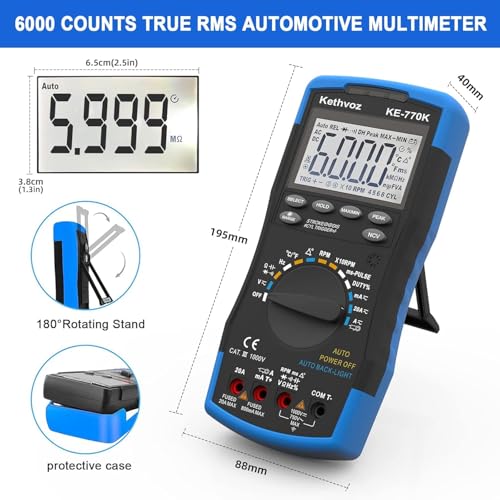 Automotive Digital Multimeter, Kethvoz True RMS AC/DC Voltage & Current Tester, 6000 Counts Auto-Ranging with RPM, Dwell Angle, Pulse Width, Temperature, Duty Cycle, Continuity, and NCV Detection