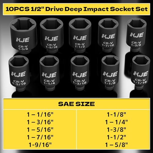 KJE 10PCS 1/2 Drive SAE Deep Impact Socket Set, Size 1-1/16" to 1-5/8", large jumbo axle nut socket set, big heavy duty socket set - size: 10PCS SAE