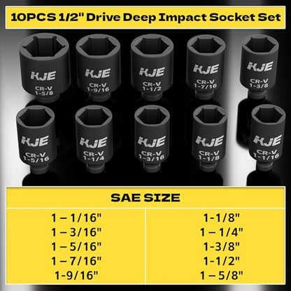 KJE 10PCS 1/2 Drive SAE Deep Impact Socket Set, Size 1-1/16" to 1-5/8", large jumbo axle nut socket set, big heavy duty socket set - size: 10PCS SAE