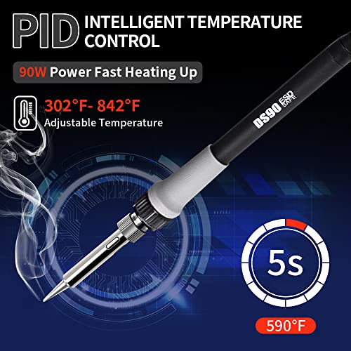 TOAUTO DS90 Soldering Station-°F & °C Dual Digital Display Soldering Iron Station Kit,90W Soldering Iron,302℉- 842℉ Temperature, Anti-Static Design & Grounding Wire, Auto Standby & Sleep,5 Solder Tips