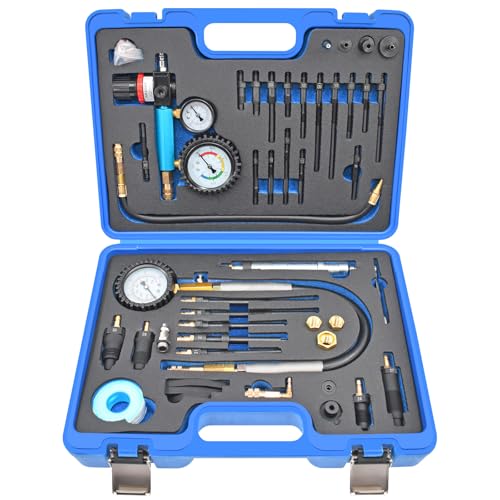 46PCS Compression and Leakage Test with Dual-Scale Diesel Pressure Gauge | Petrol & Diesel Dual Gauge Engine Compression Tester for HDI, TDCi, Pumpe Duse Engine, Automotive Cylinder Leak Down Tester