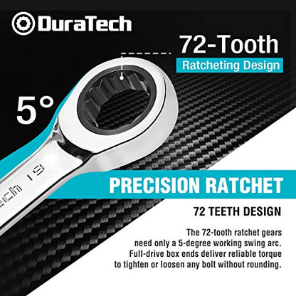 DURATECH Stubby Ratcheting Combination Wrench Set, Metric, 8-piece | 10mm, 11mm, 13mm, 14mm, 16mm, 17mm, 18mm, 19mm, CR-V Steel, With Pouch - size: Metric