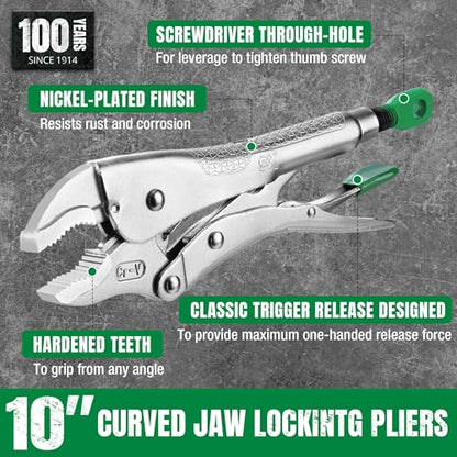 SK 10" Curved Jaw Locking Pliers, Vice Grips, Premium CR-V Steel | Vise Grip Pliers, Nickel-Plated Finish, Ergonomic Anti-slip Handle, Ideal for Welding or Assembly - size: 10"