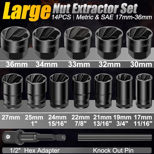 Topec Large Lug Nut Remover Socket Set 17-36mm, 1/2" Drive Wheel Lock Removal Tool, Heavy Duty Bolt Extractor Kit for Stripped, Damaged, Rounded Spindle Axle Nut, 14-Piece